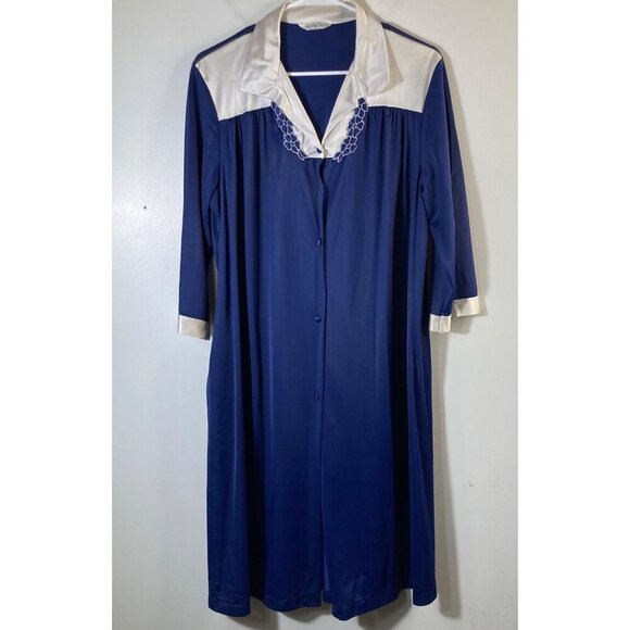 Womens Vintage Vanity Fair Nightgown Robe Set Navy White M Nylon Antron - Picture 1 of 11